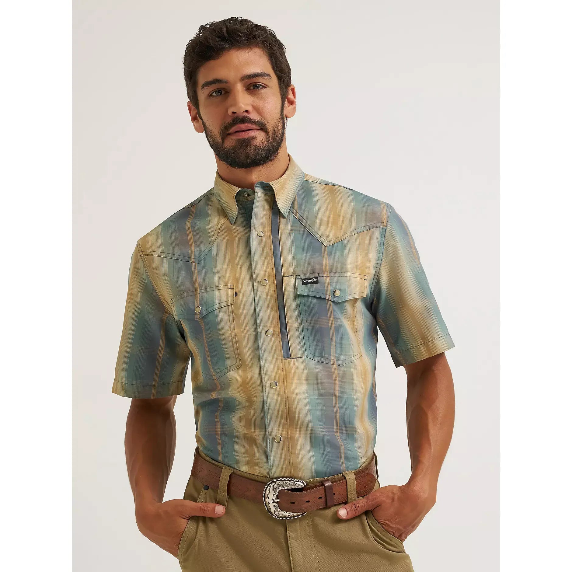 Men's Wrangler All Terrain Gear Men's Performance Plaid Shirt-Turbulence - CWesternwear