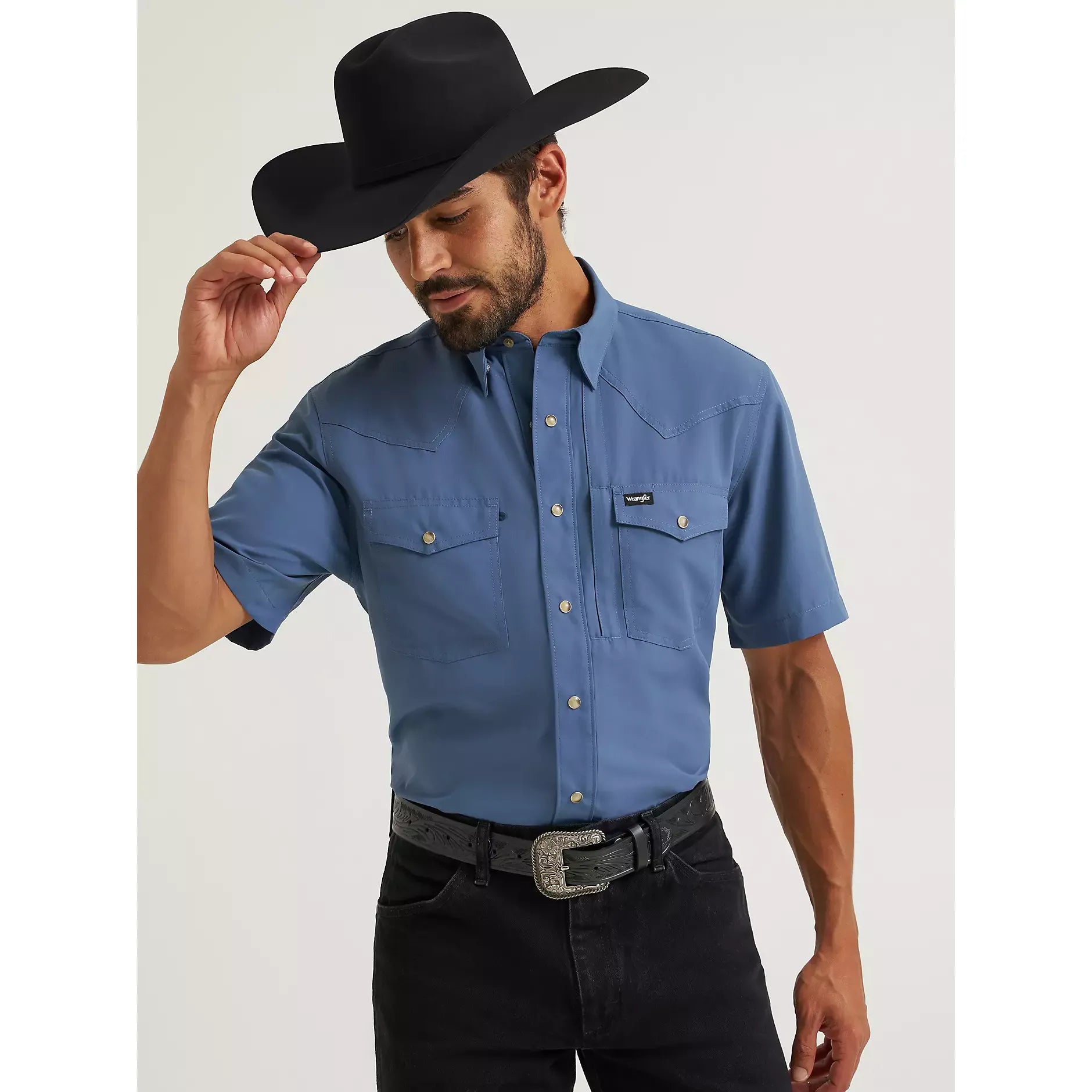 Men's Wrangler All Terrain Gear Performance Solid Shirt-Vintage Indigo - CWesternwear