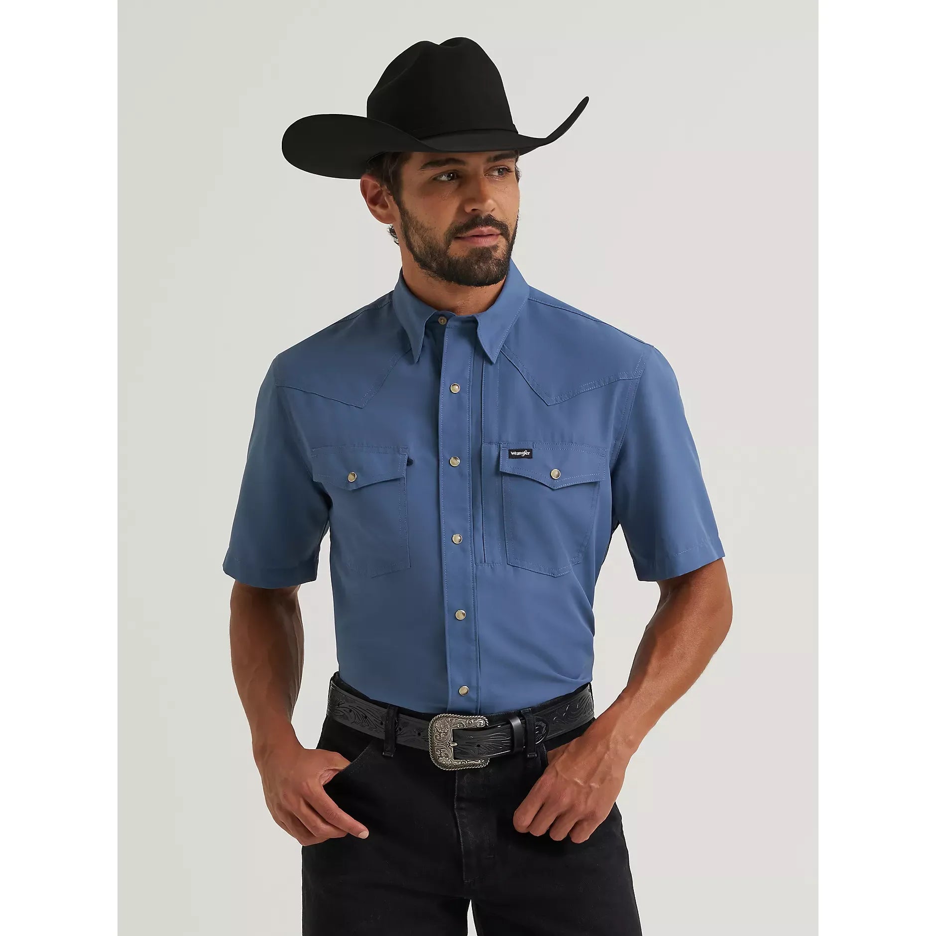 Men's Wrangler All Terrain Gear Performance Solid Shirt-Vintage Indigo - CWesternwear
