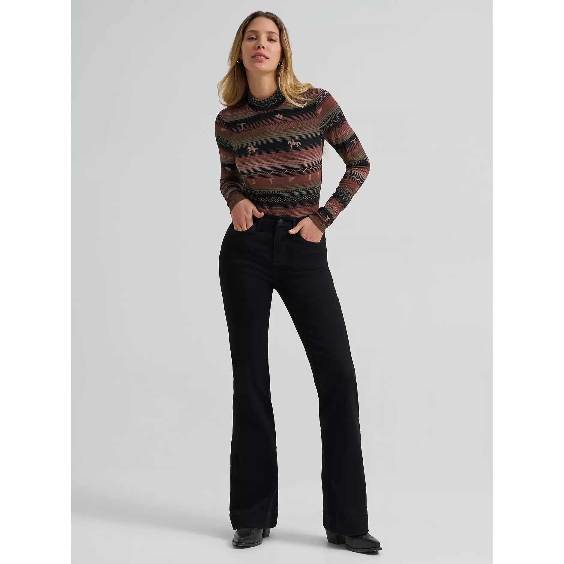 Women's Wrangler Rambling Ridge Mock Neck Top-Brown - CWesternwear