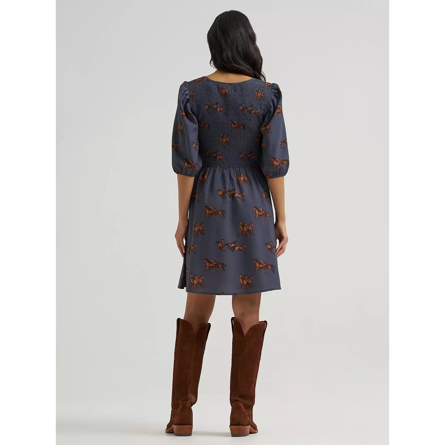 Women's Wrangler Smocked Puff-Sleeve Babydoll Dress-Blue - CWesternwear