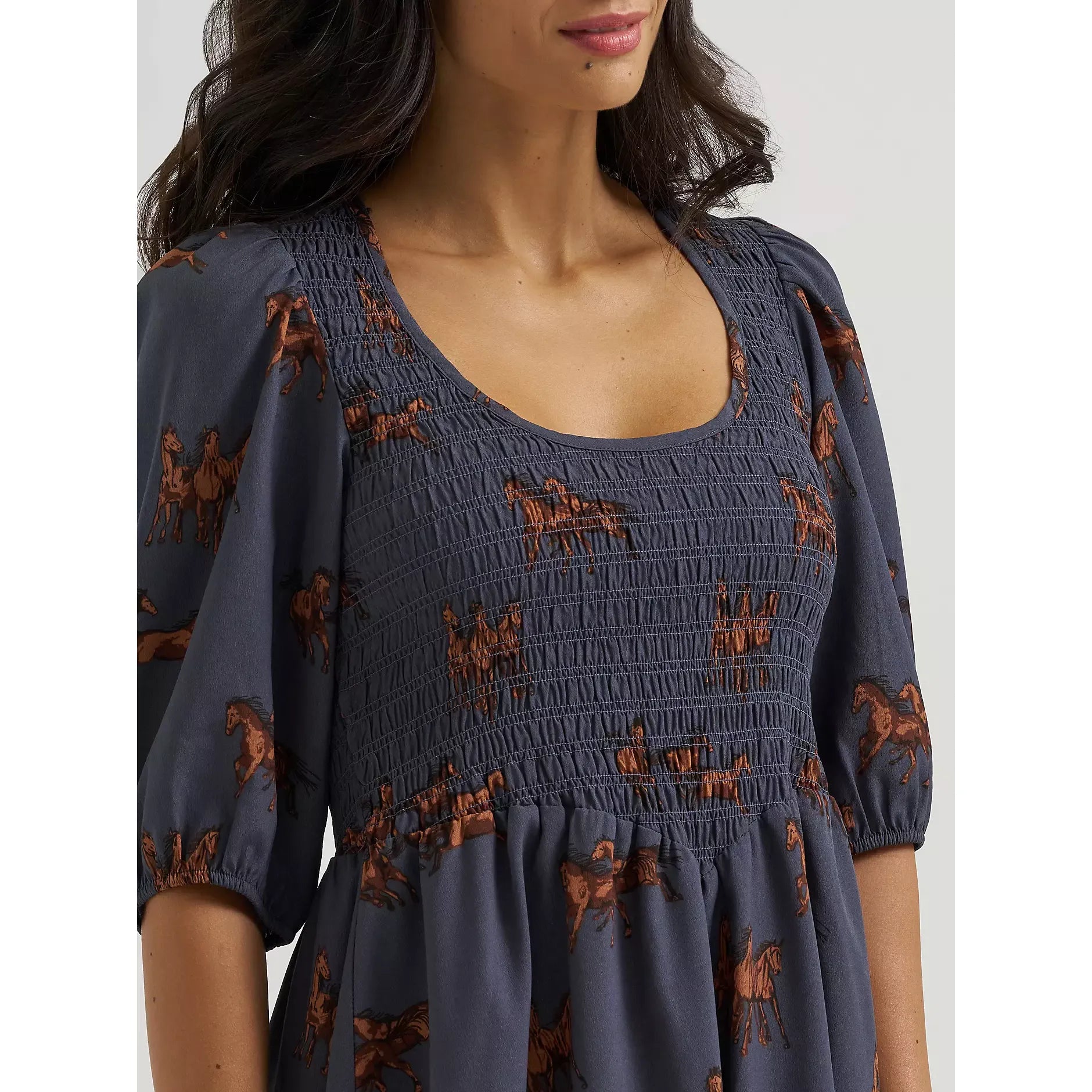 Women's Wrangler Smocked Puff-Sleeve Babydoll Dress-Blue - CWesternwear