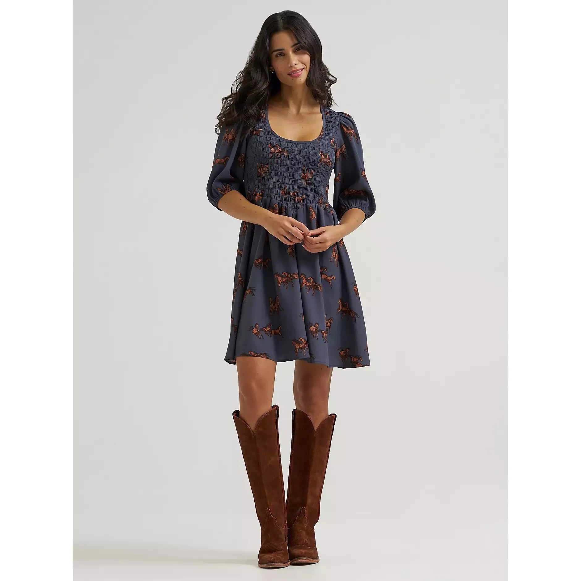 Women's Wrangler Smocked Puff-Sleeve Babydoll Dress-Blue - CWesternwear