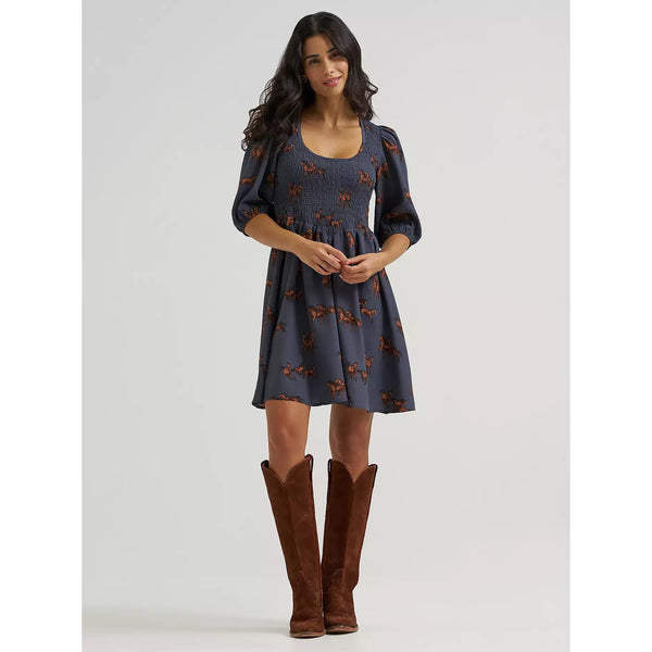 Women's Wrangler Smocked Puff-Sleeve Babydoll Dress-Blue
