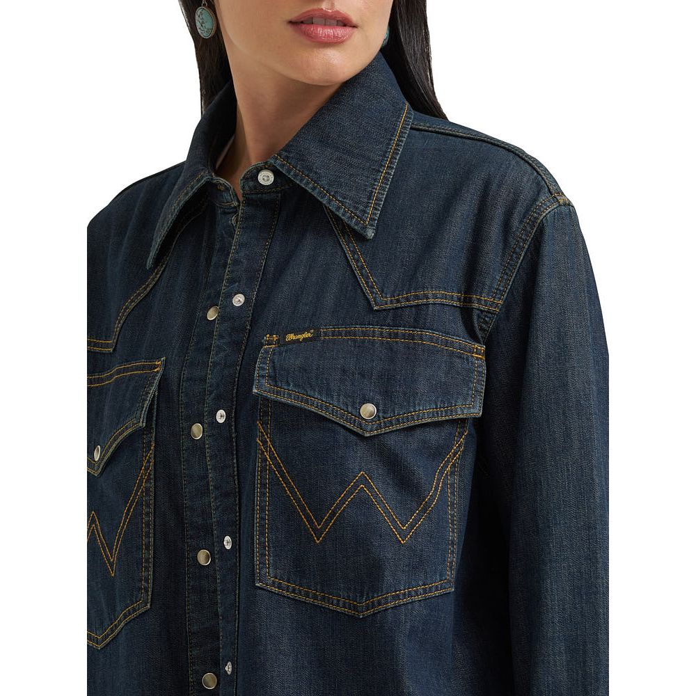 Women's Wrangler Lainey Wilson x Wrangler Long Sleeve Utility Shirt-Denim - CWesternwear