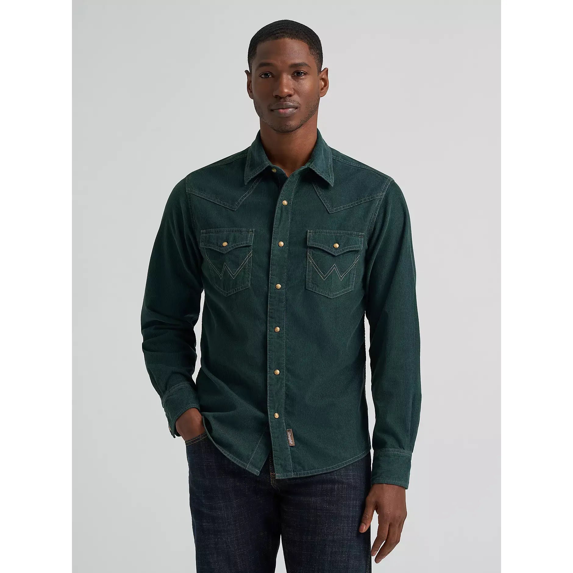 Men's Wrangler Retro® Premium Long Sleeve Western Snap Corduroy Shirt-Dark Green