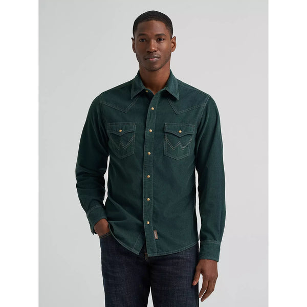 Men's Wrangler Retro® Premium Long Sleeve Western Snap Corduroy Shirt-Dark Green
