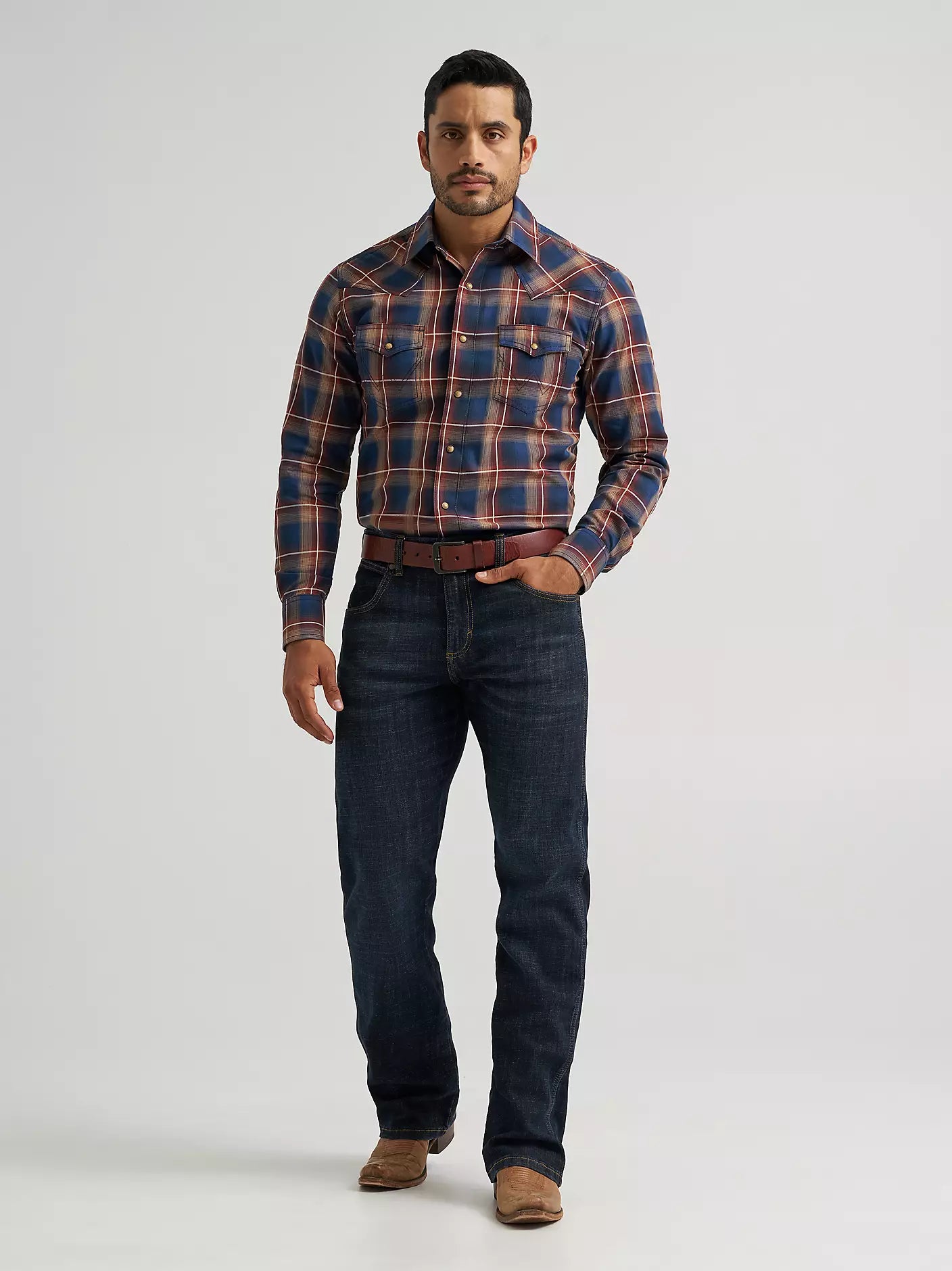 Men's Wrangler Retro Premium Long Sleeve Western Snap Plaid Shirt-Blue Sunset