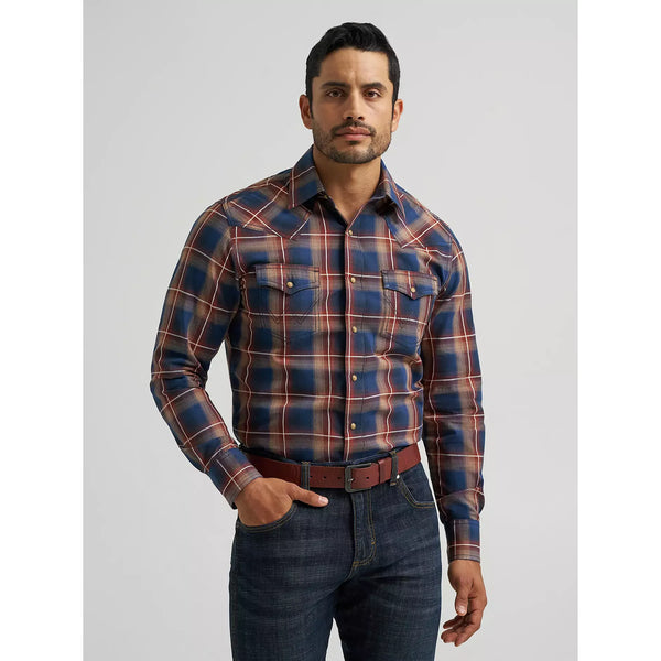 Men's Wrangler Retro Premium Long Sleeve Western Snap Plaid Shirt-Blue Sunset