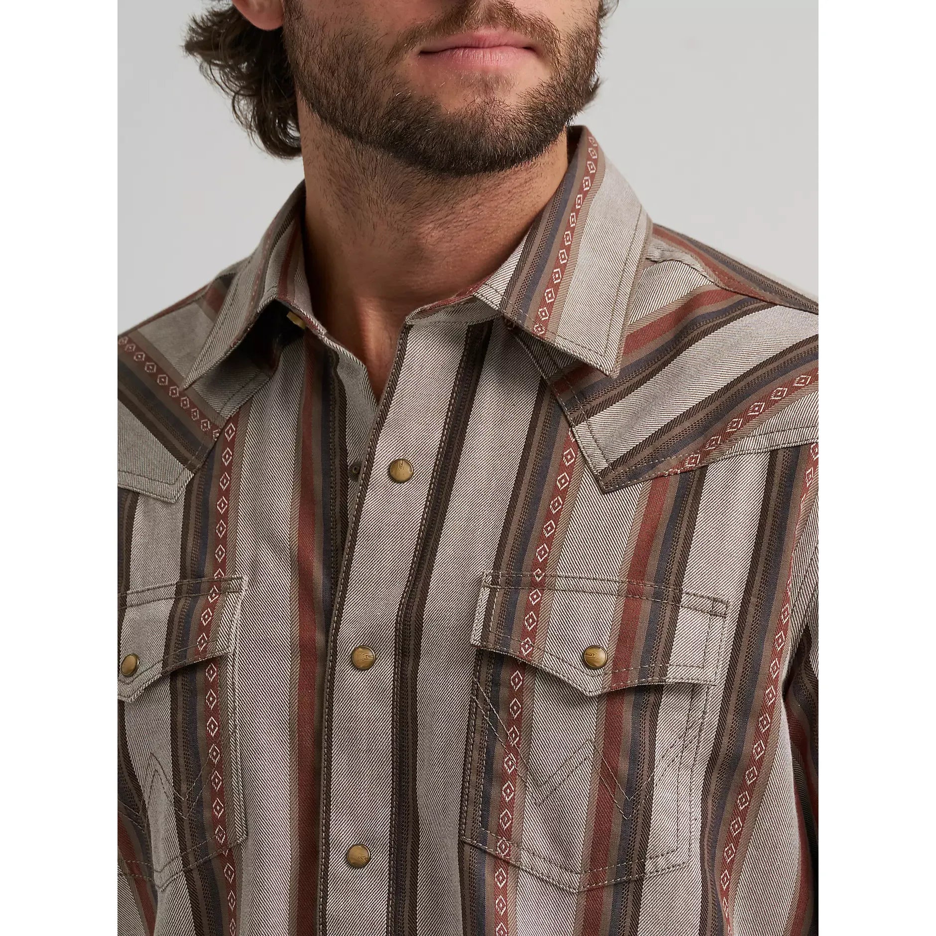 Men's Wrangler Retro Premium Stripe Western Snap Shirt-Brown Sand - CWesternwear