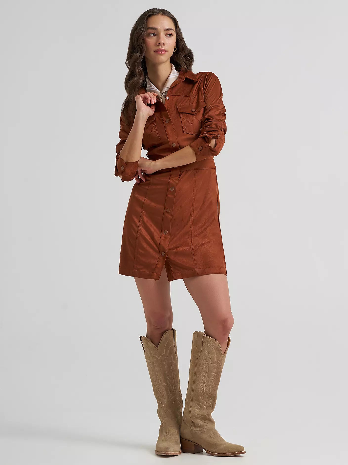 Women's Wrangler Sueded Western Snap Shirt Dress-Cinnamon - CWesternwear