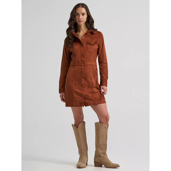 Women's Wrangler Sueded Western Snap Shirt Dress-Cinnamon
