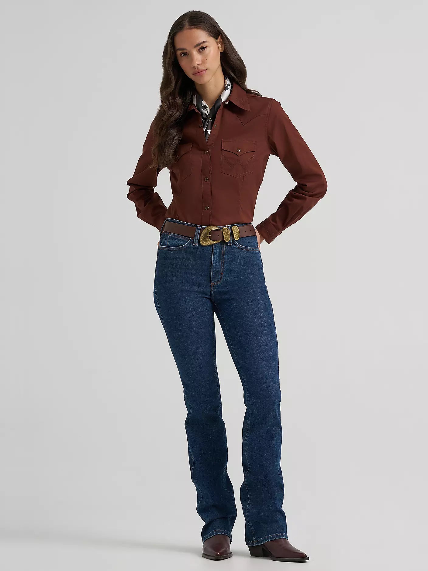 Women's Wrangler Sierra Western Slim Snap Shirt-Brown