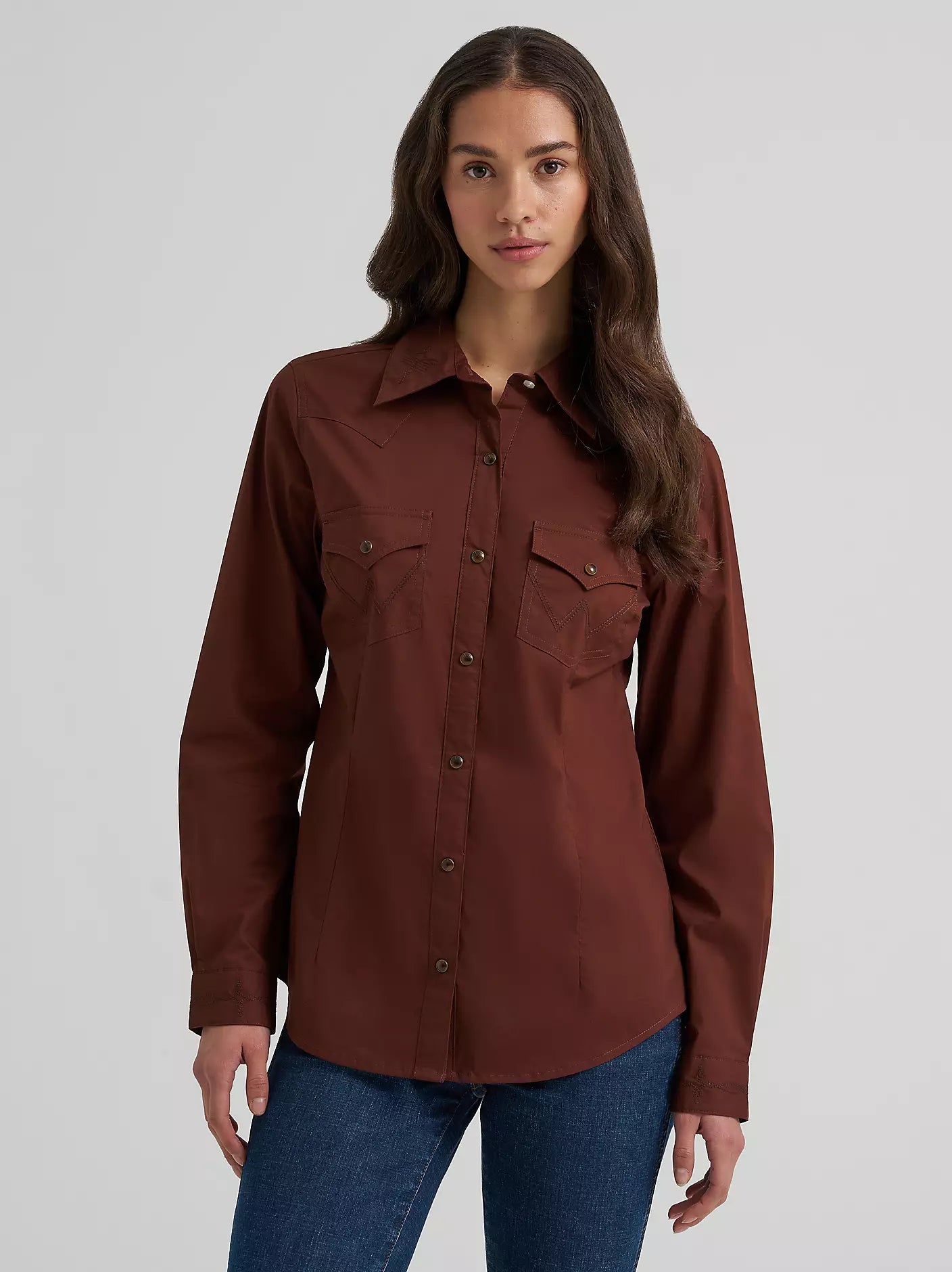 Women's Wrangler Sierra Western Slim Snap Shirt-Brown