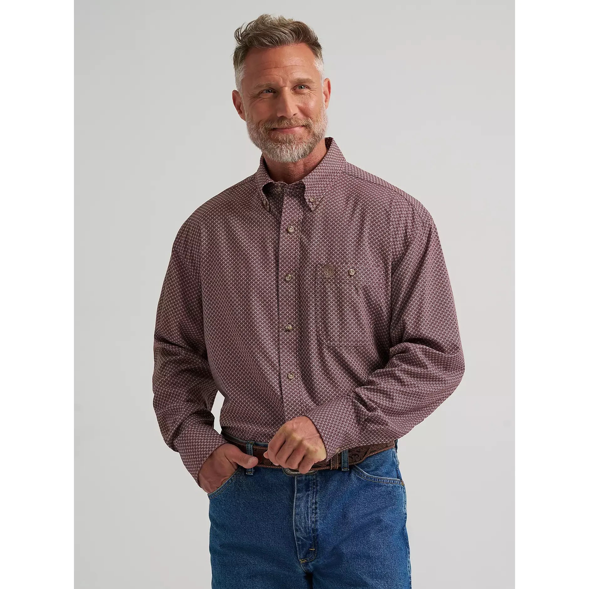 Men's Wrangler® George Strait™ Performance Button Down Shirt-Burgundy Geo - CWesternwear