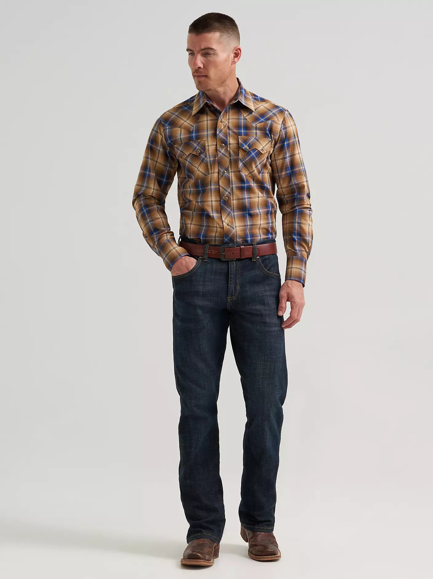 Men's Wrangler Retro® Long Sleeve Sawtooth Snap Pocket Western Shirt-Caramel