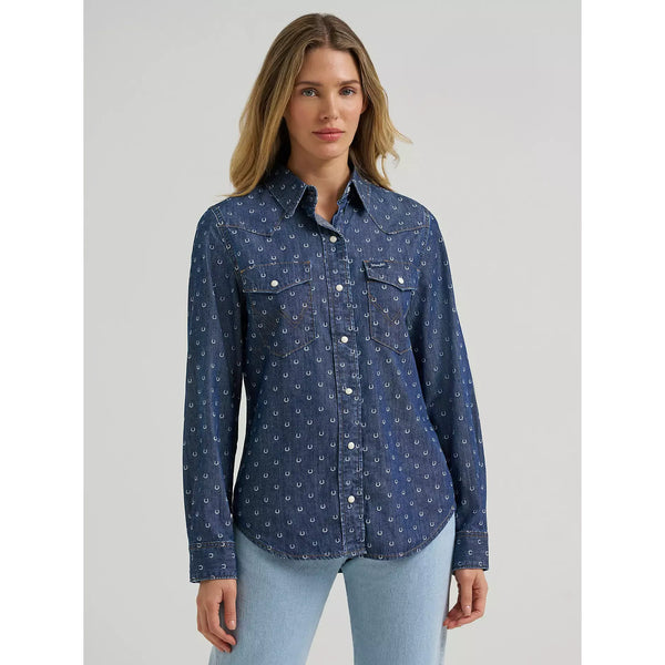 Women's Wrangler Printed Vintage Fit Snap Shirt-Denim