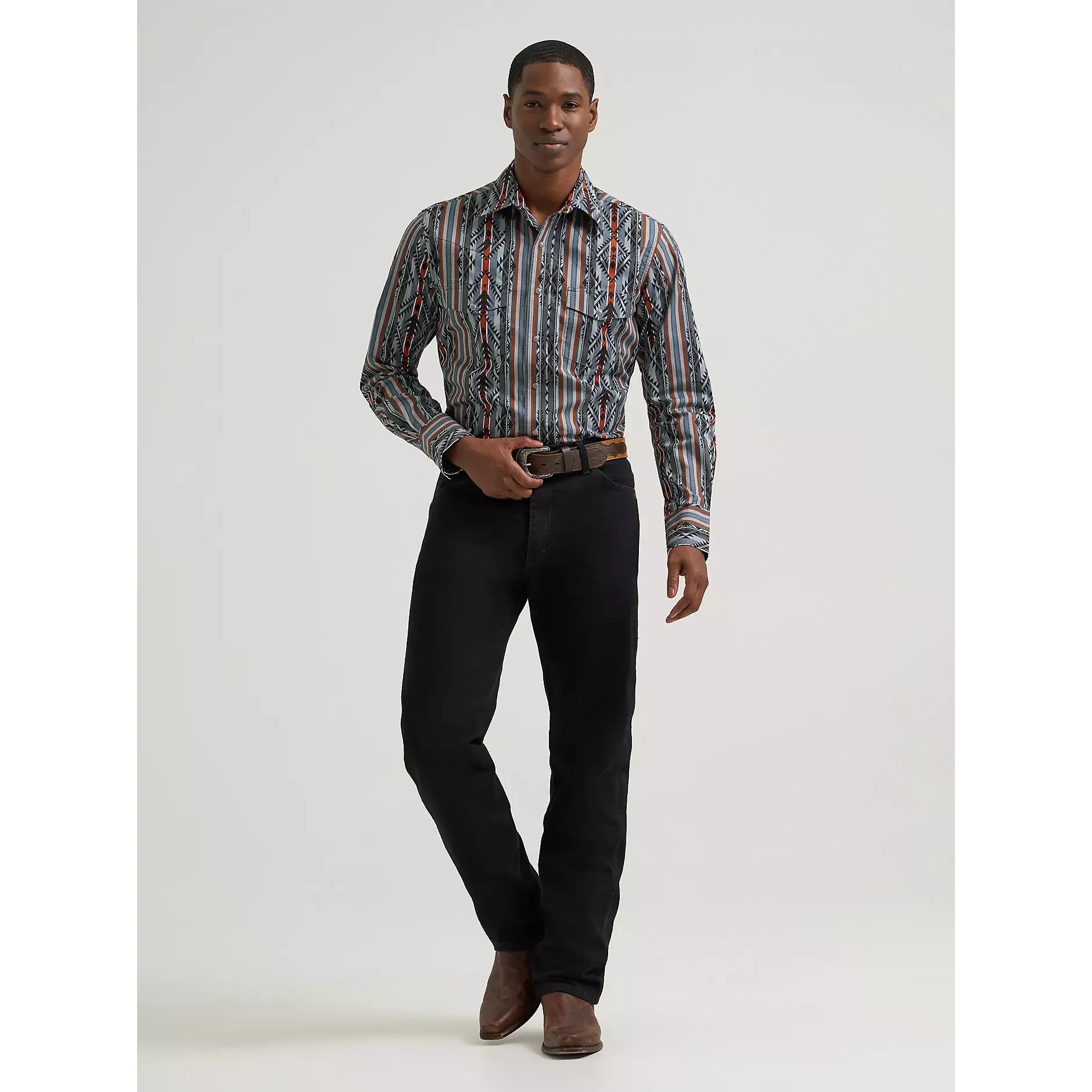 Men's Wrangler Checotah® Long Sleeve Western Snap Printed Shirt-Ridge Blue - CWesternwear