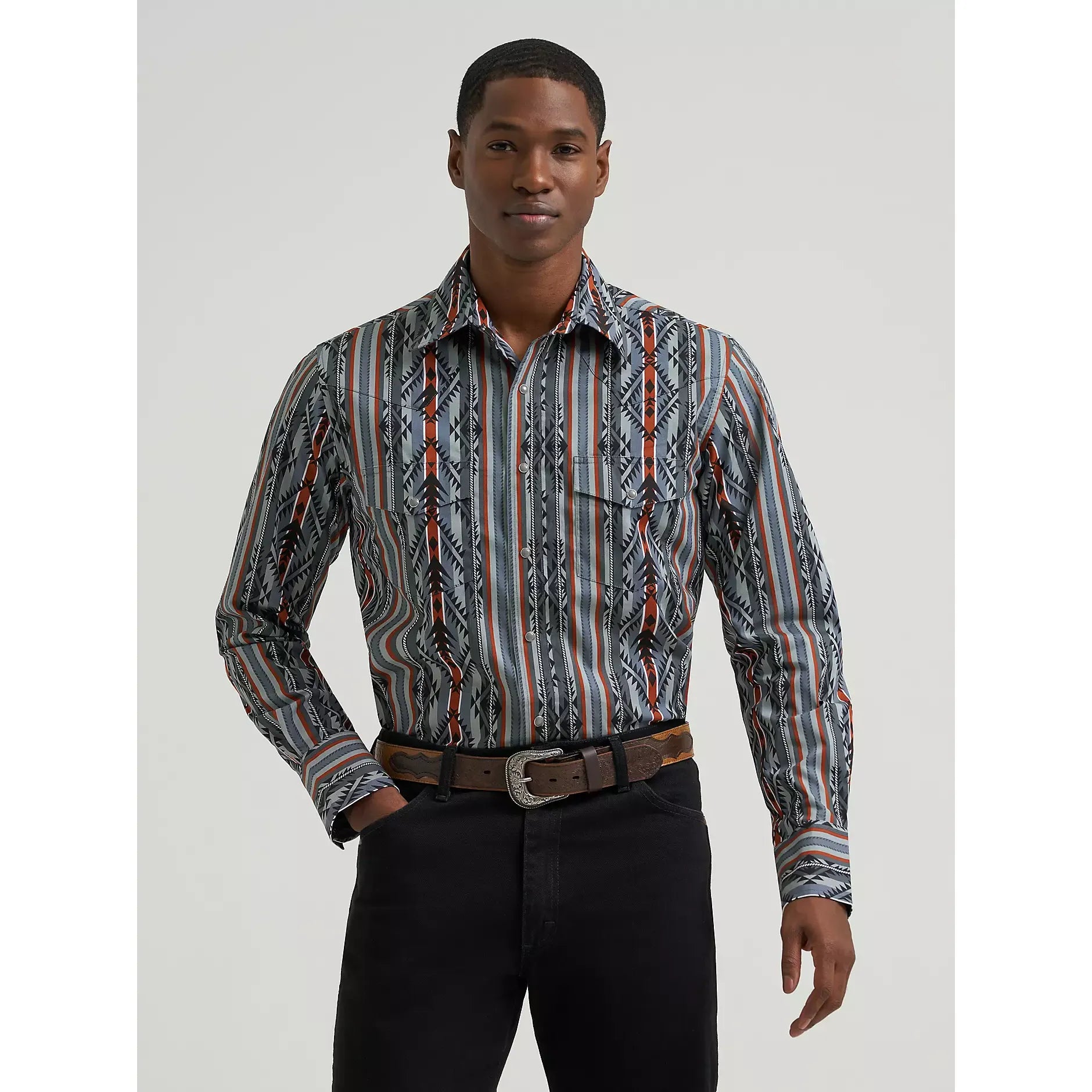Men's Wrangler Checotah® Long Sleeve Western Snap Printed Shirt-Ridge Blue - CWesternwear