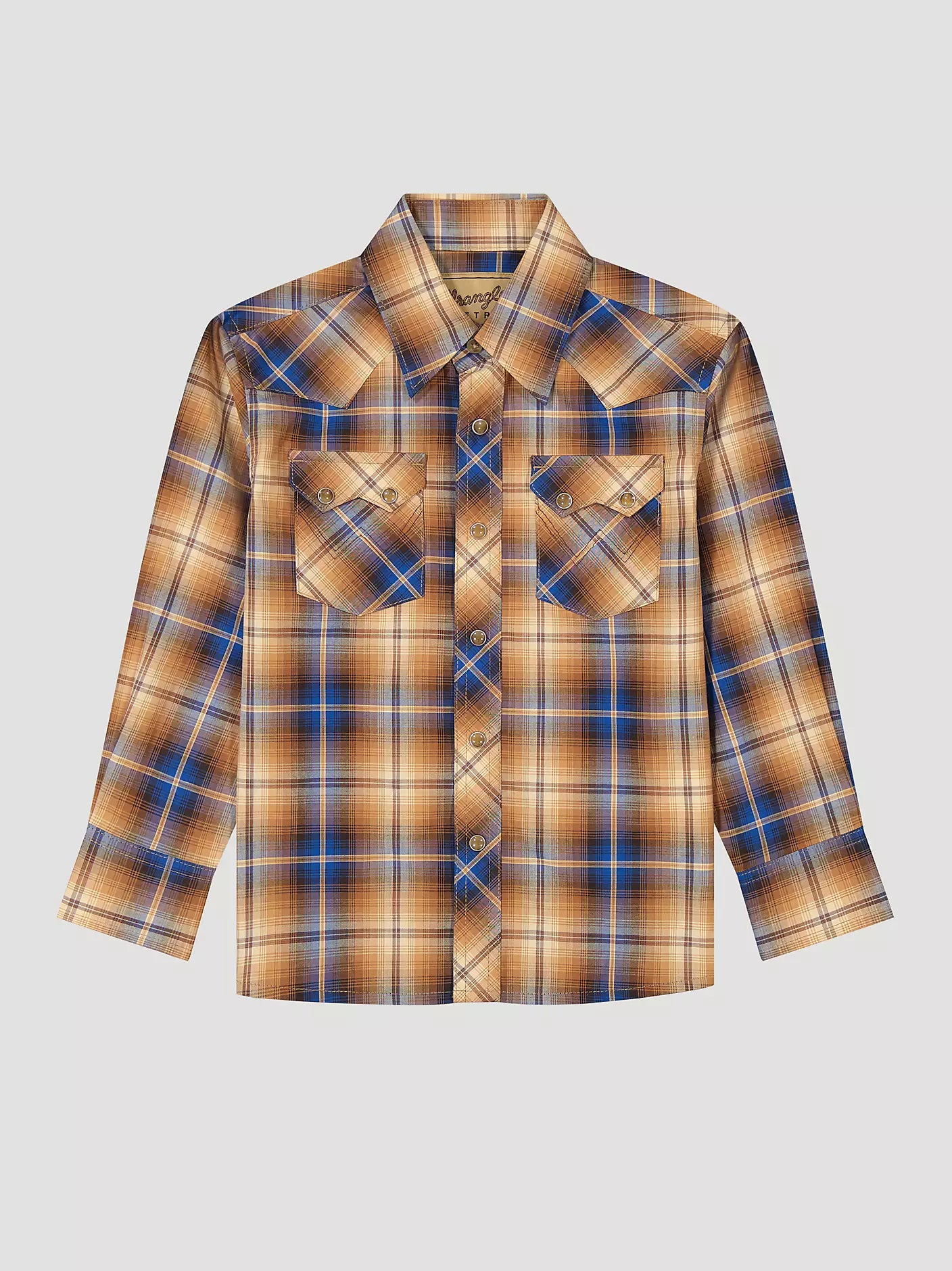 Boy's Wrangler Retro® Western Snap Plaid Shirt with Front Sawtooth Pockets®-Caramel