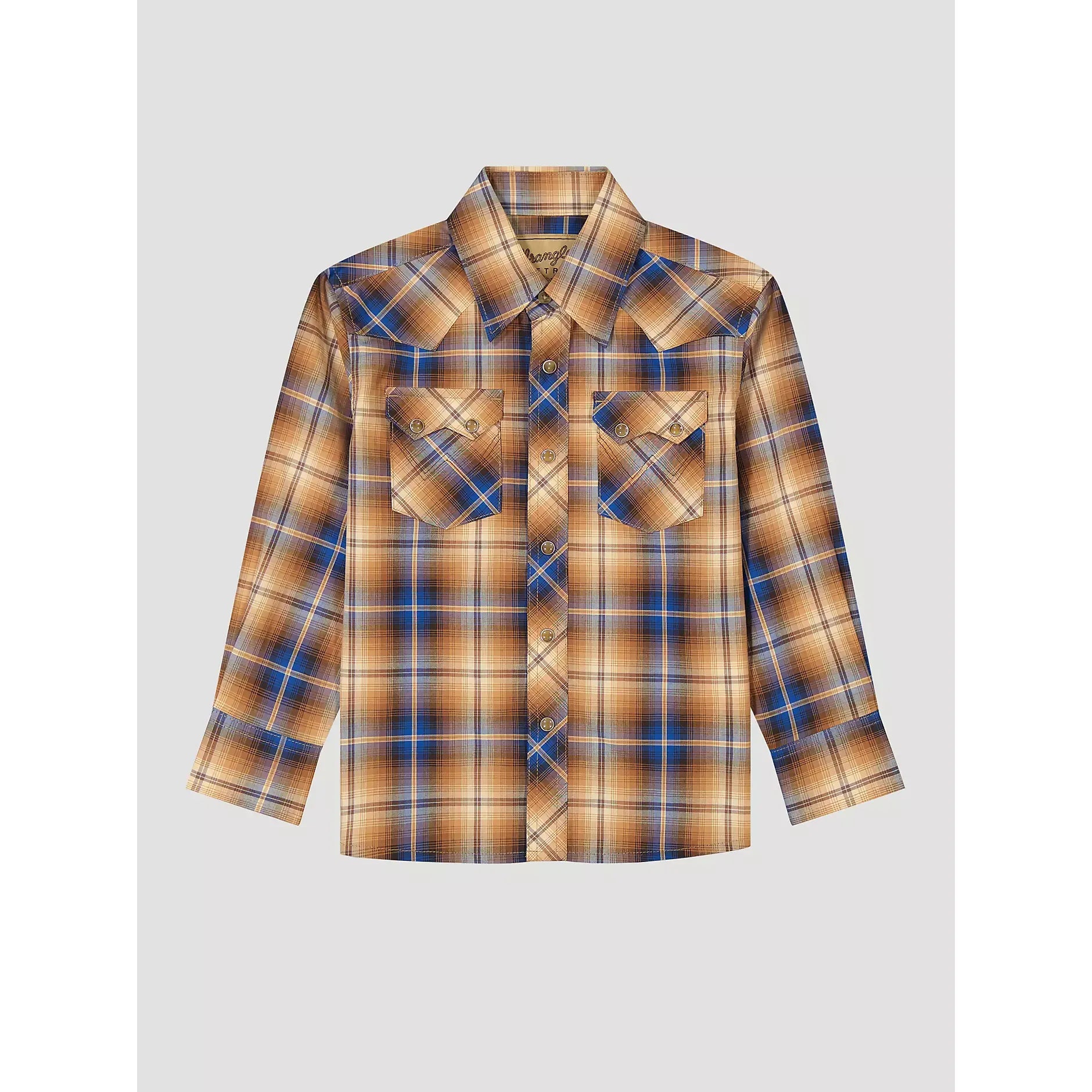 Boy's Wrangler Retro® Western Snap Plaid Shirt with Front Sawtooth Pockets®-Caramel