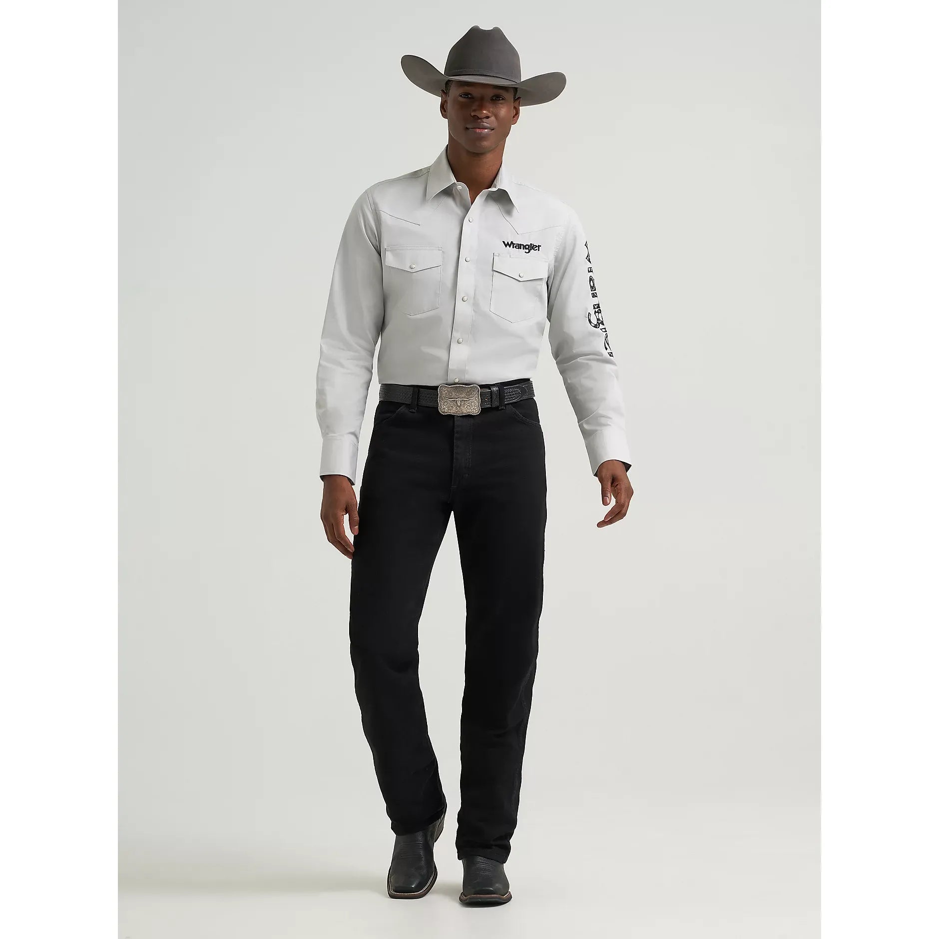 Men's Wrangler Logo Long Sleeve Western Snap Shirt-White - CWesternwear