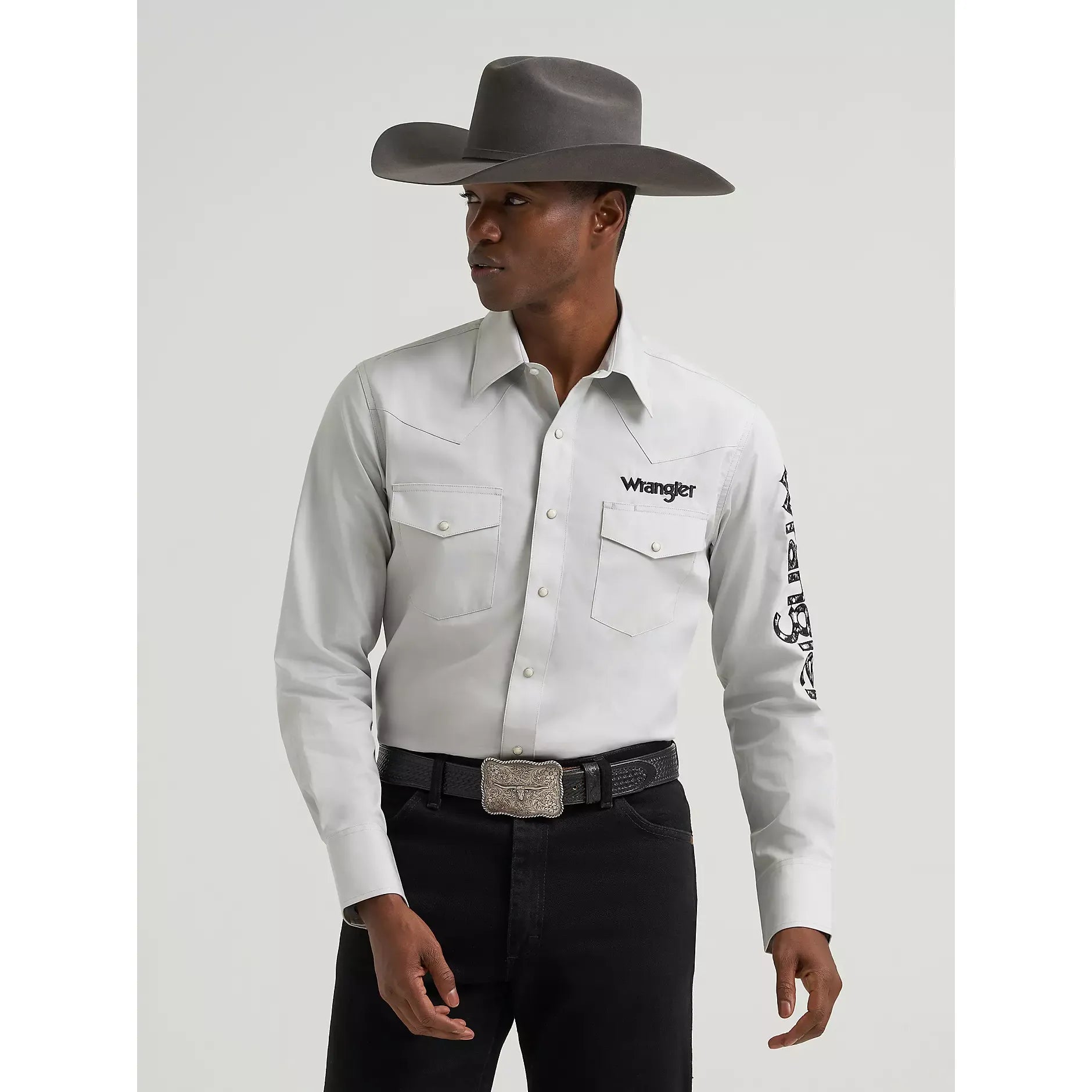 Men's Wrangler Logo Long Sleeve Western Snap Shirt-White - CWesternwear