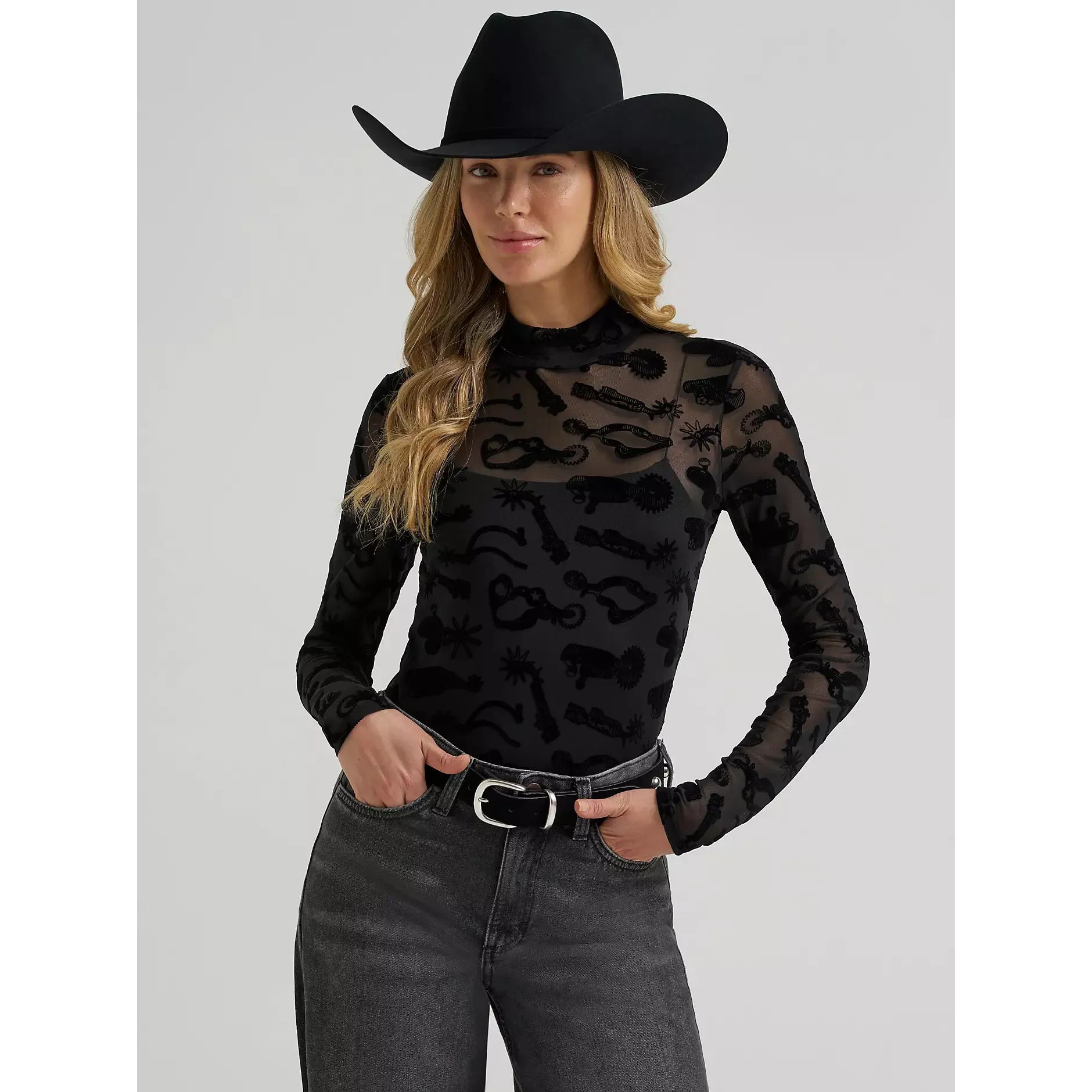 Women's Wrangler Sheer Mock Neck Top-Black Spur