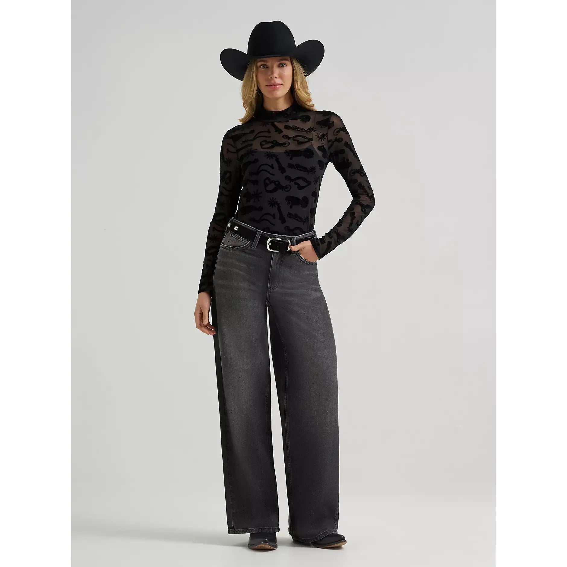 Women's Wrangler Sheer Mock Neck Top-Black Spur