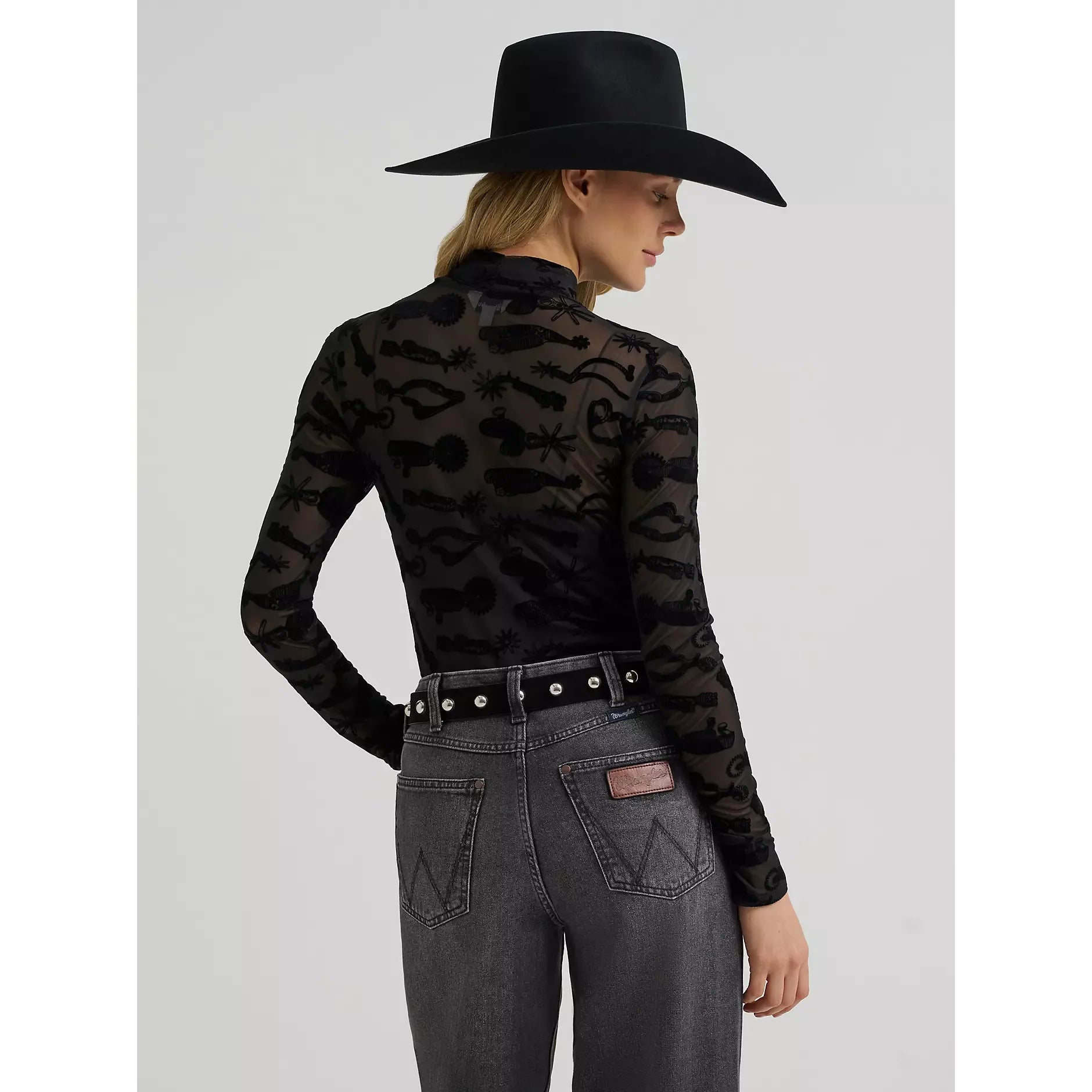 Women's Wrangler Sheer Mock Neck Top-Black Spur
