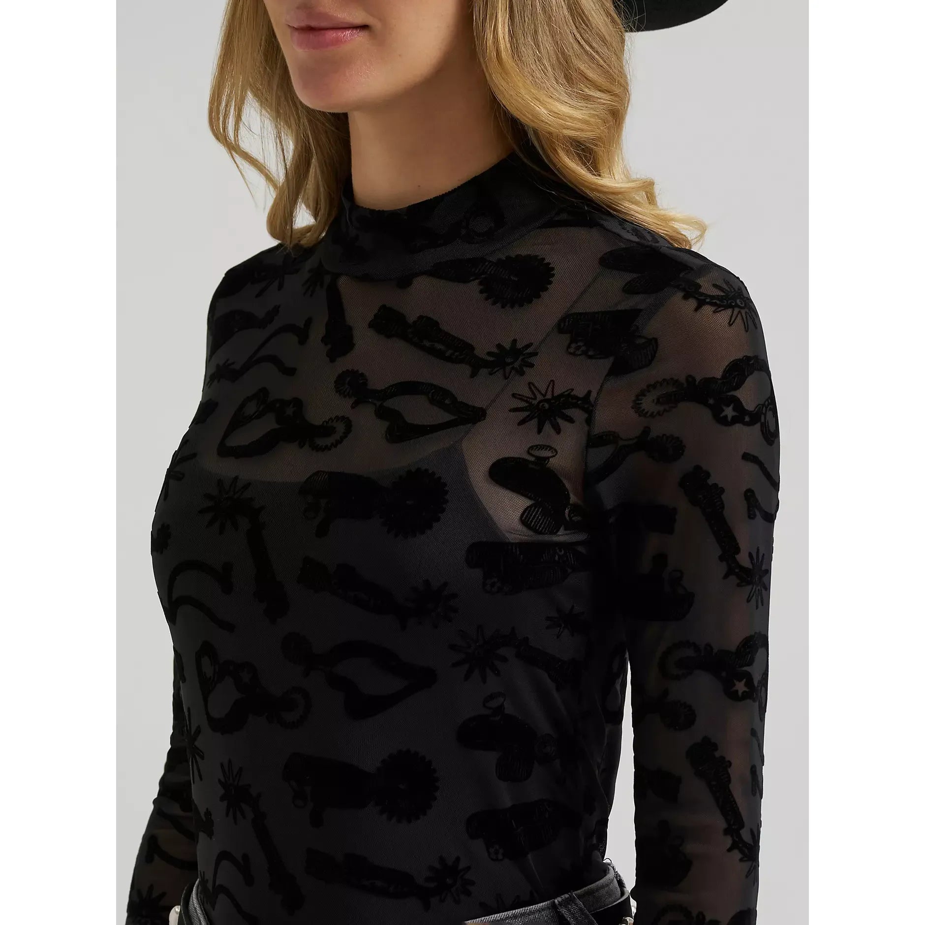 Women's Wrangler Sheer Mock Neck Top-Black Spur