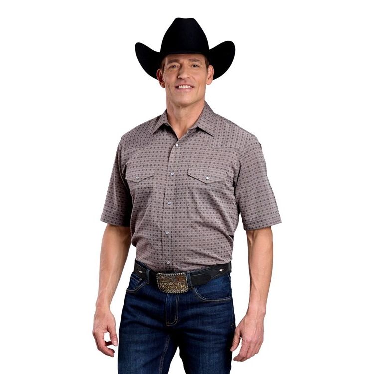 Men's Roper Short Sleeve Snap Double Diamonds Shirt-Grey - CWesternwear