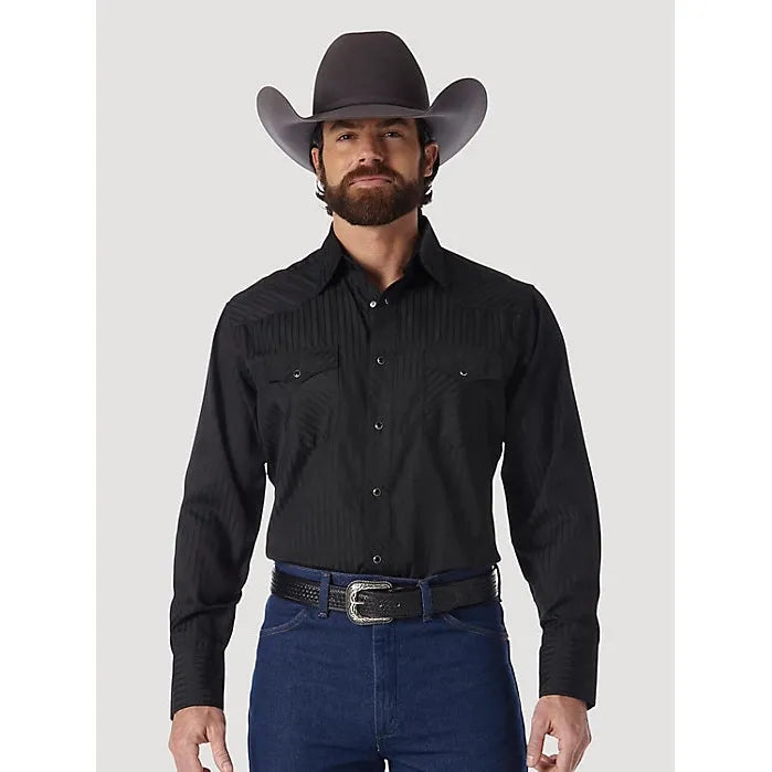 WRANGLER® WESTERN LONG SLEEVE WESTERN SNAP DOBBY STRIPE BLACK SHIRT - CWesternwear