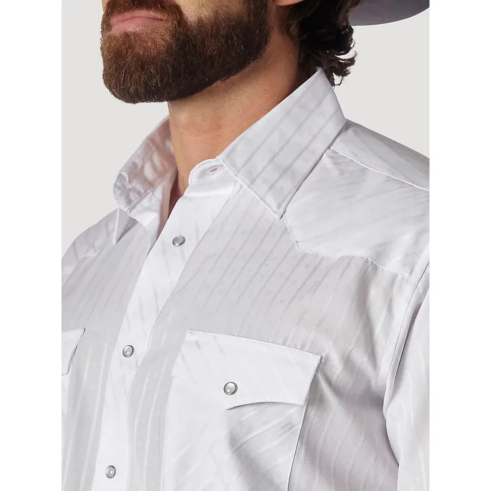 WRANGLER® WESTERN LONG SLEEVE WESTERN SNAP DOBBY STRIPE WHITE SHIRT - CWesternwear