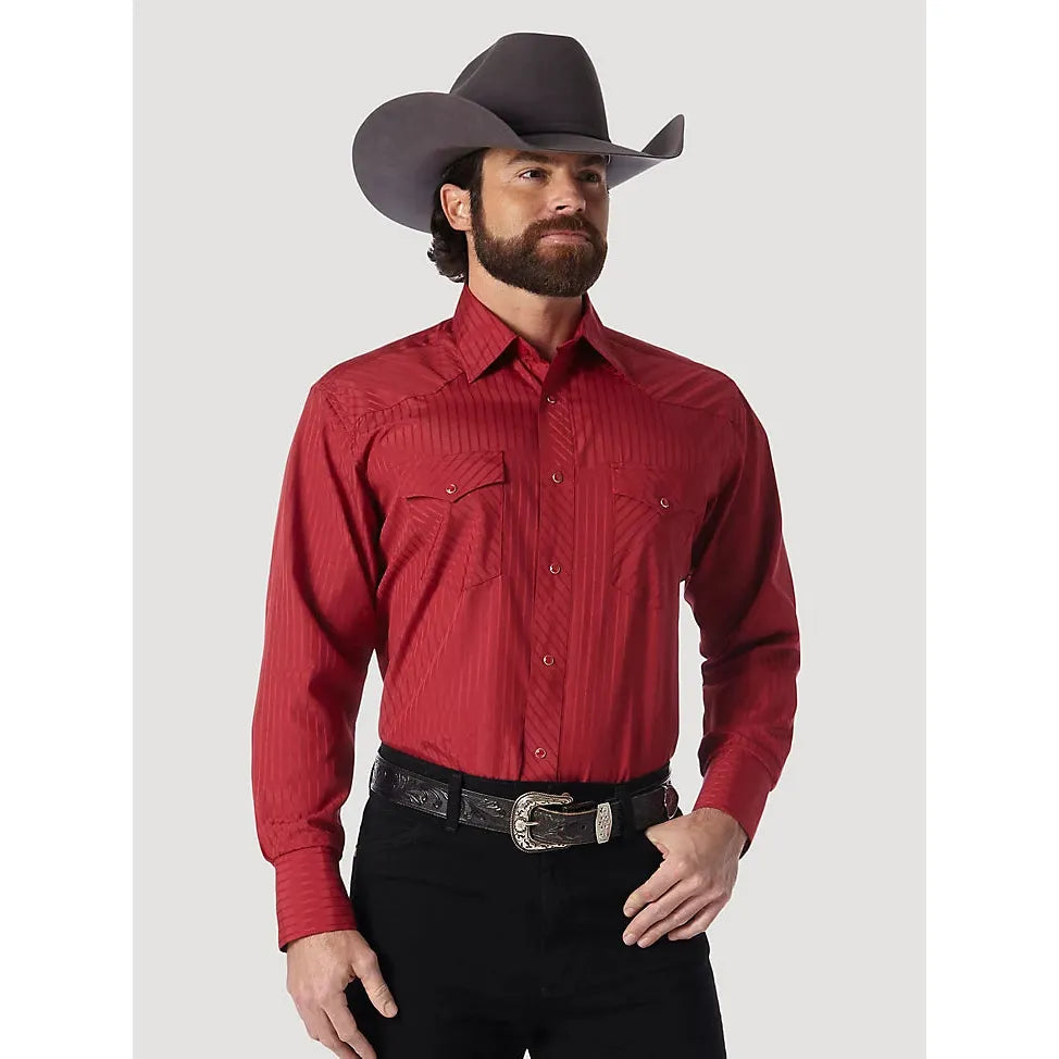 WRANGLER® WESTERN LONG SLEEVE WESTERN SNAP DOBBY STRIPE WINE SHIRT - CWesternwear