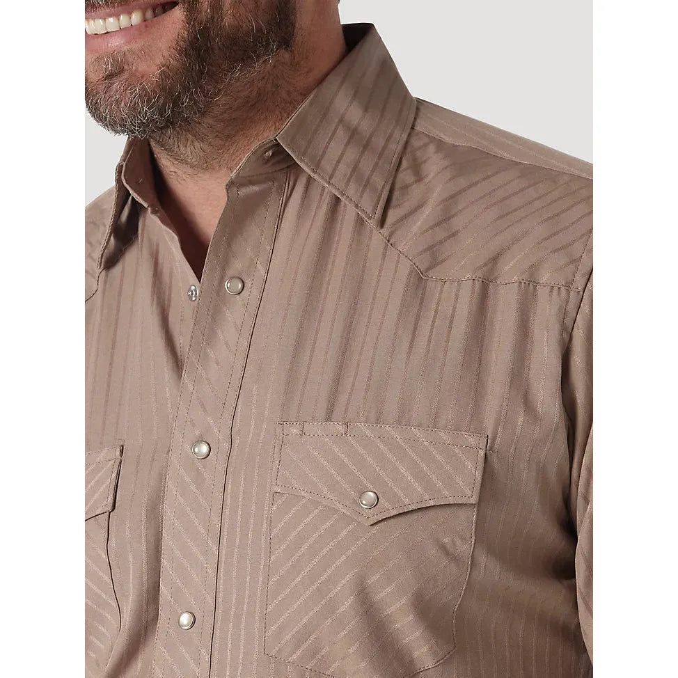 WRANGLER® WESTERN LONG SLEEVE WESTERN SNAP DOBBY STRIPE TAN SHIRT - CWesternwear