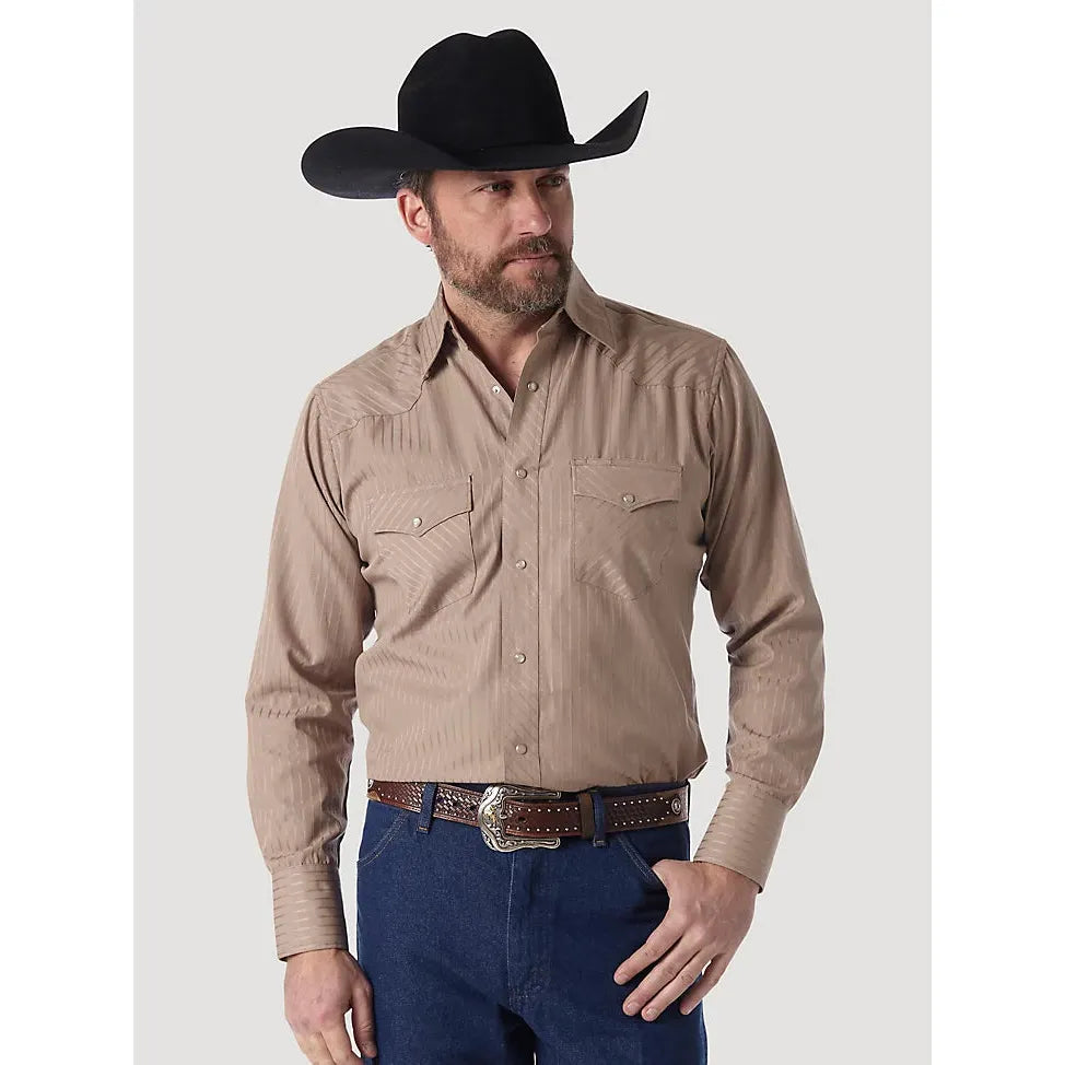 WRANGLER® WESTERN LONG SLEEVE WESTERN SNAP DOBBY STRIPE TAN SHIRT - CWesternwear