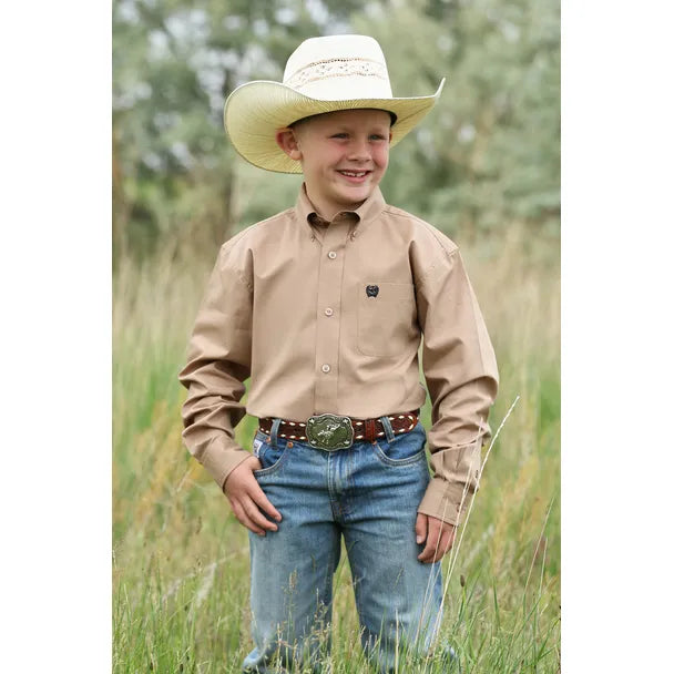 Boy's Cinch Solid Button-Down Western Shirt-Khaki - CWesternwear