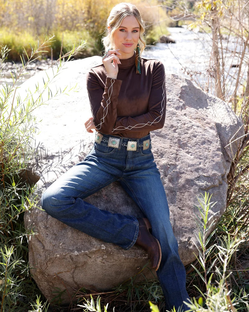 Women's Cruel Denim Mock Neck Top-Brown