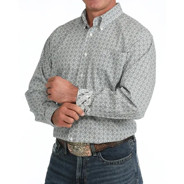 Men's Cinch Geometric Print Button-Down Western Shirt-Cream