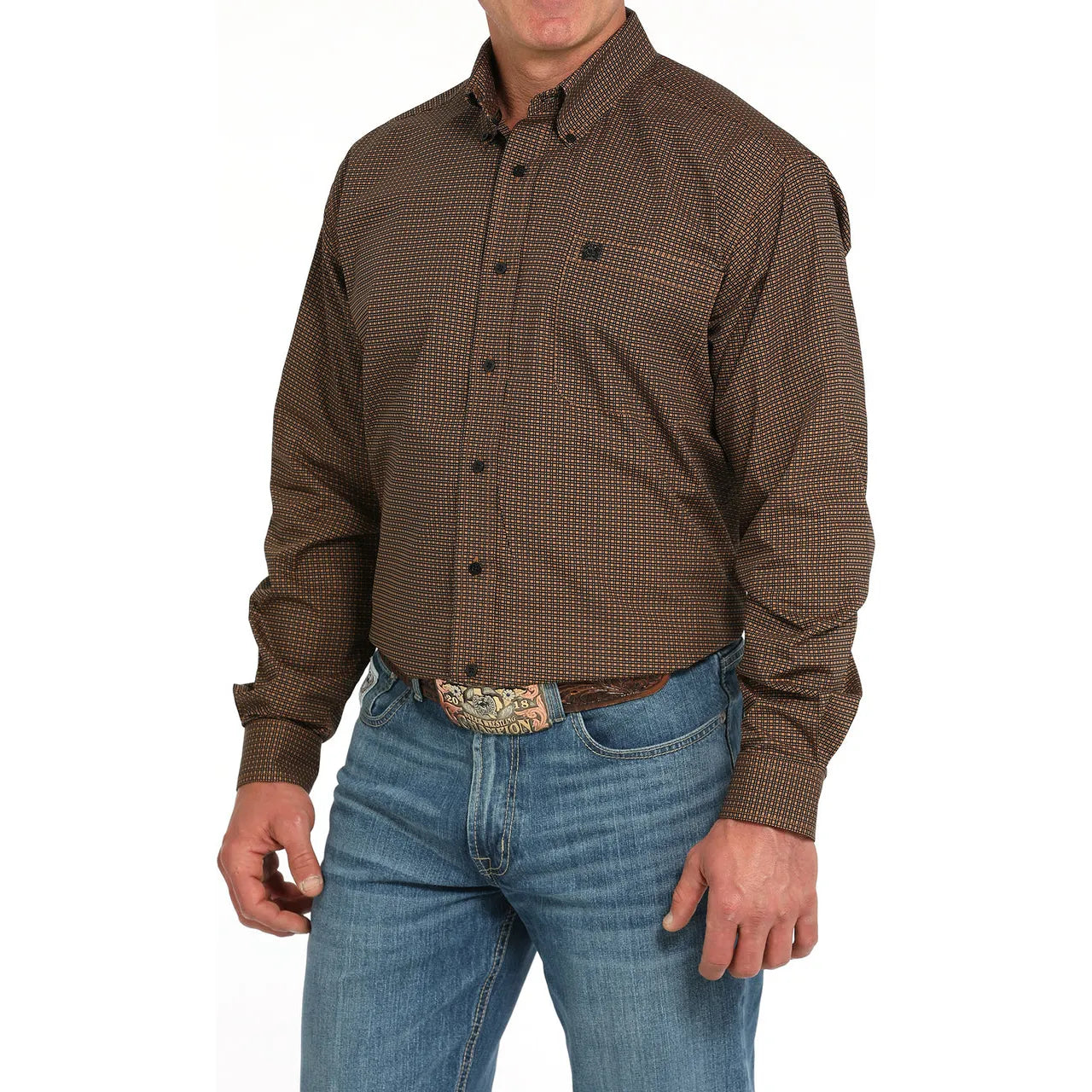 Men's Cinch Geometric Print Button-Down Western Shirt-Brown