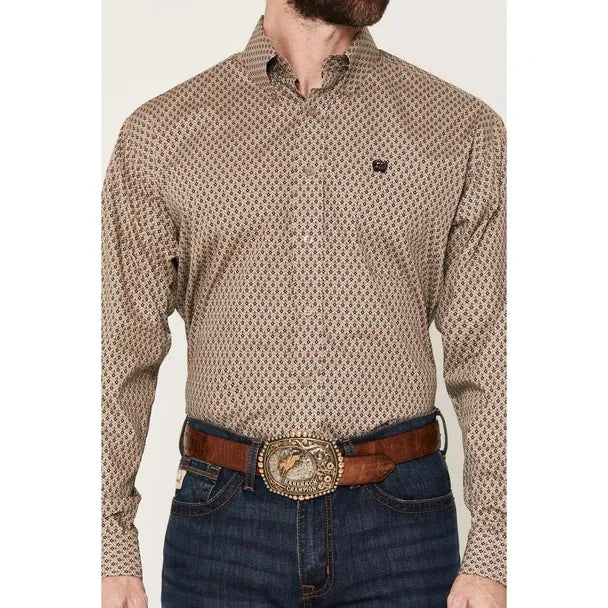 Men's Cinch Geometric Print Button-Down Western Shirt-Khaki