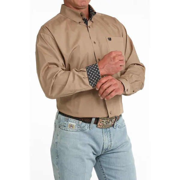 Men's Cinch Solid Button-Down Western Shirt-Khaki