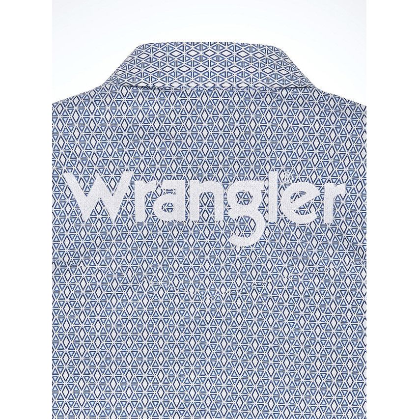 MEN'S WRANGLER LOGO LONG SLEEVE WESTERN SNAP SHIRT IN WHITE/BLUE