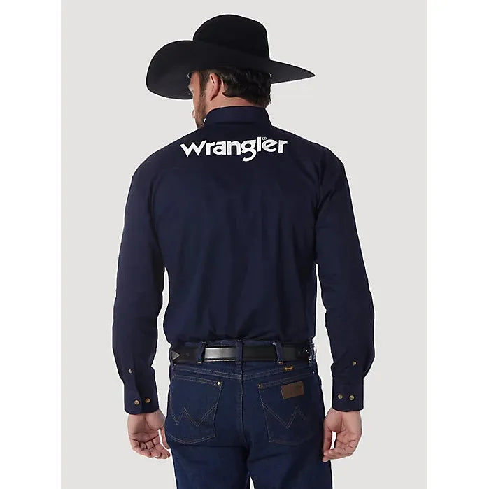 WRANGLER LOGO LONG SLEEVE BUTTON DOWN SOLID BLUE SHIRT - CWesternwear