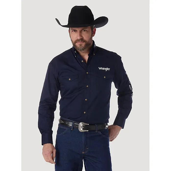 WRANGLER LOGO LONG SLEEVE BUTTON DOWN SOLID BLUE SHIRT - CWesternwear