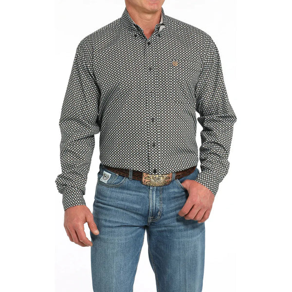 Men's Cinch Geometric Print Button-Down Western Shirt-Black