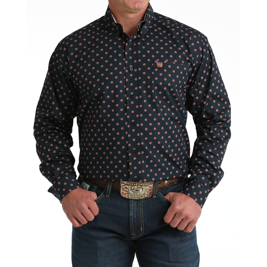 Men's Cinch Geometric Print Button-Down Western Shirt-Navy