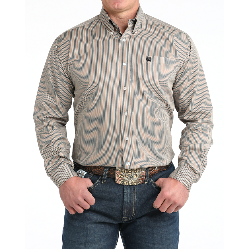 Men's Cinch Stripe Print Button-Down Western Shirt-Brown