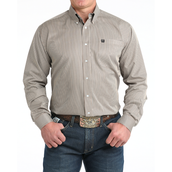 Men's Cinch Stripe Print Button-Down Western Shirt-Brown
